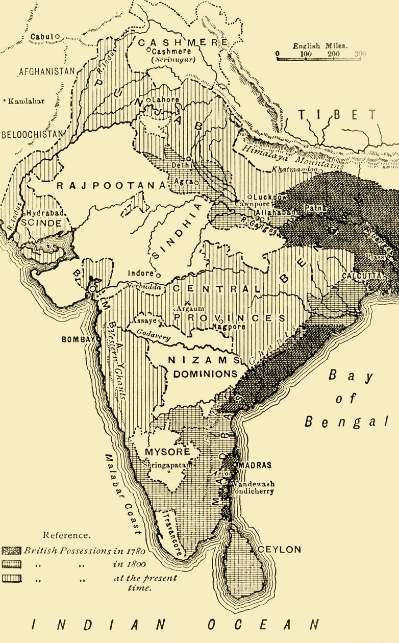 Karta över Indien, som visar de brittiska besittningarna 1780,1800 och i nutiden, 1890. av Unbekannt