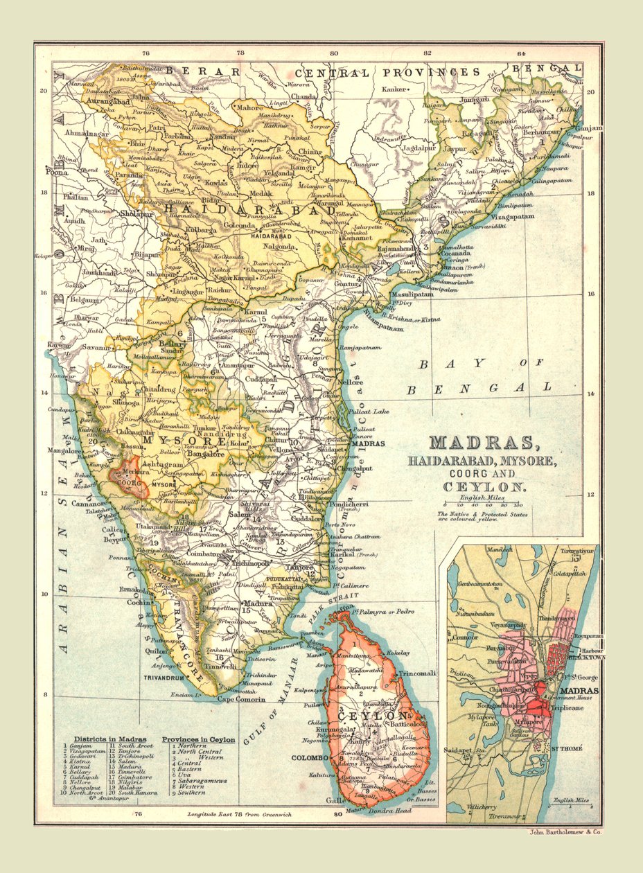 Karta över Madras, Hyderabad, Mysore, Coorg och Ceylon, 1902. av Unbekannt