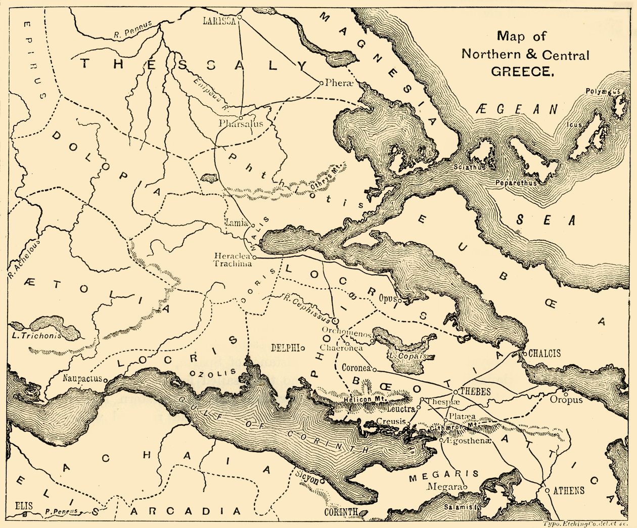 Karta över norra och centrala Grekland, 1890. av Unbekannt