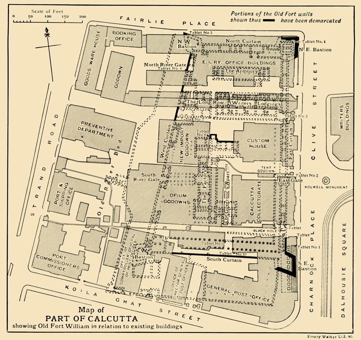 Karta över en del av Calcutta som visar Old Fort William i förhållande till befintliga byggnader, 1925. av Unbekannt