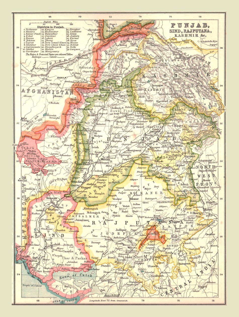 Karta över Punjab, Sind, Rajputana och Kashmir, 1902. av Unbekannt