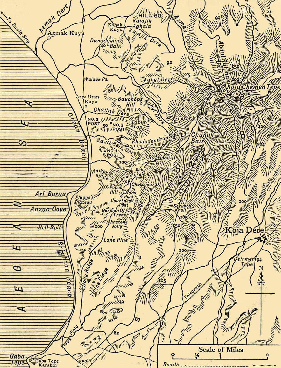 Karta över Sari Bair, halvön Gallipoli, första världskriget, 1915, c1920. av Unbekannt