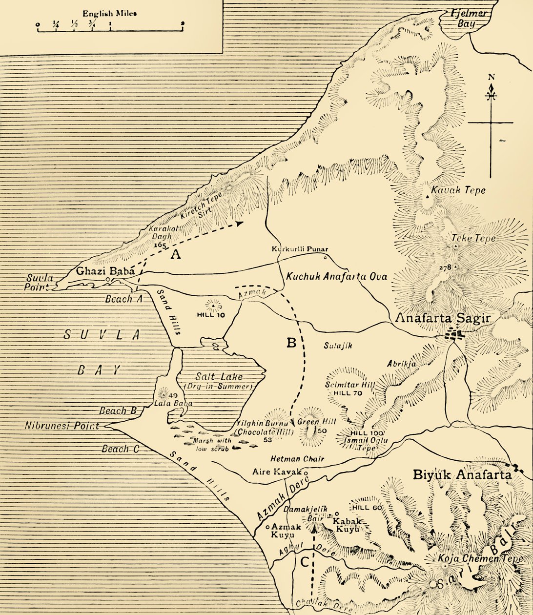 Karta över Suvla Bay, Gallipoli halvön, första världskriget, 1915, c1920. av Unbekannt