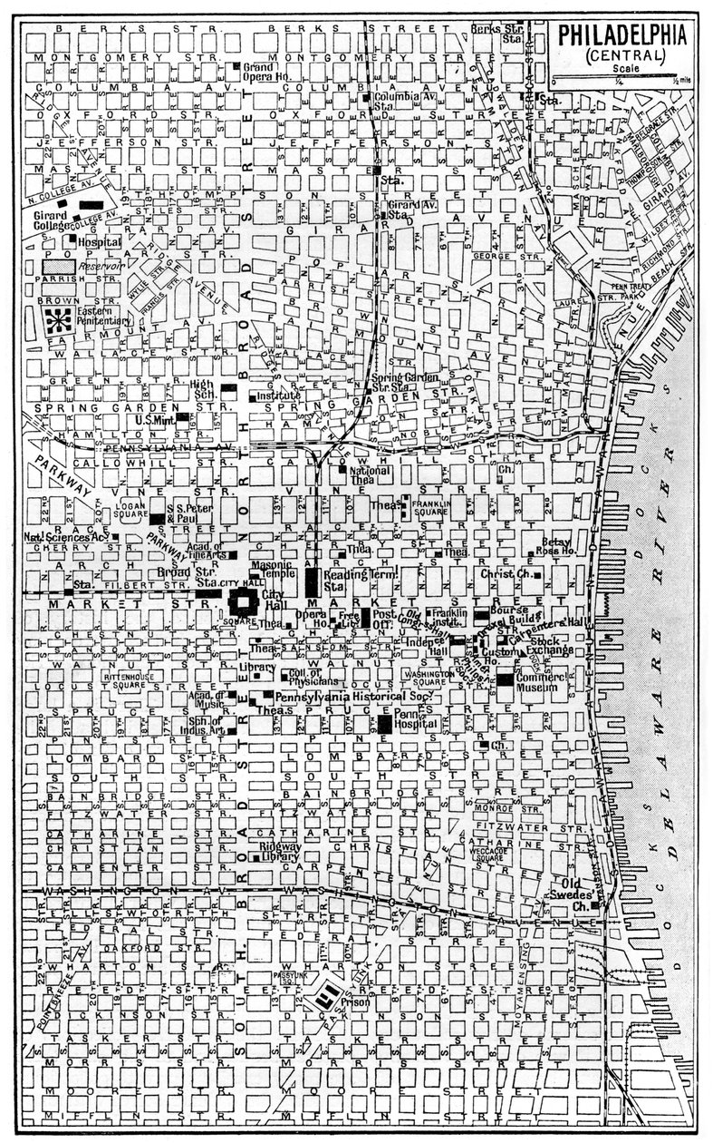 Karta över centrala Philadelphia, Pennsylvania, USA, c1930-talet av Unbekannt