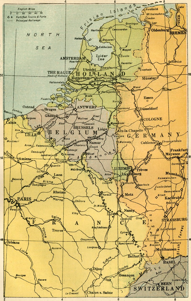 Karta över den belgiska gränsen med fort, 1919. av Unbekannt