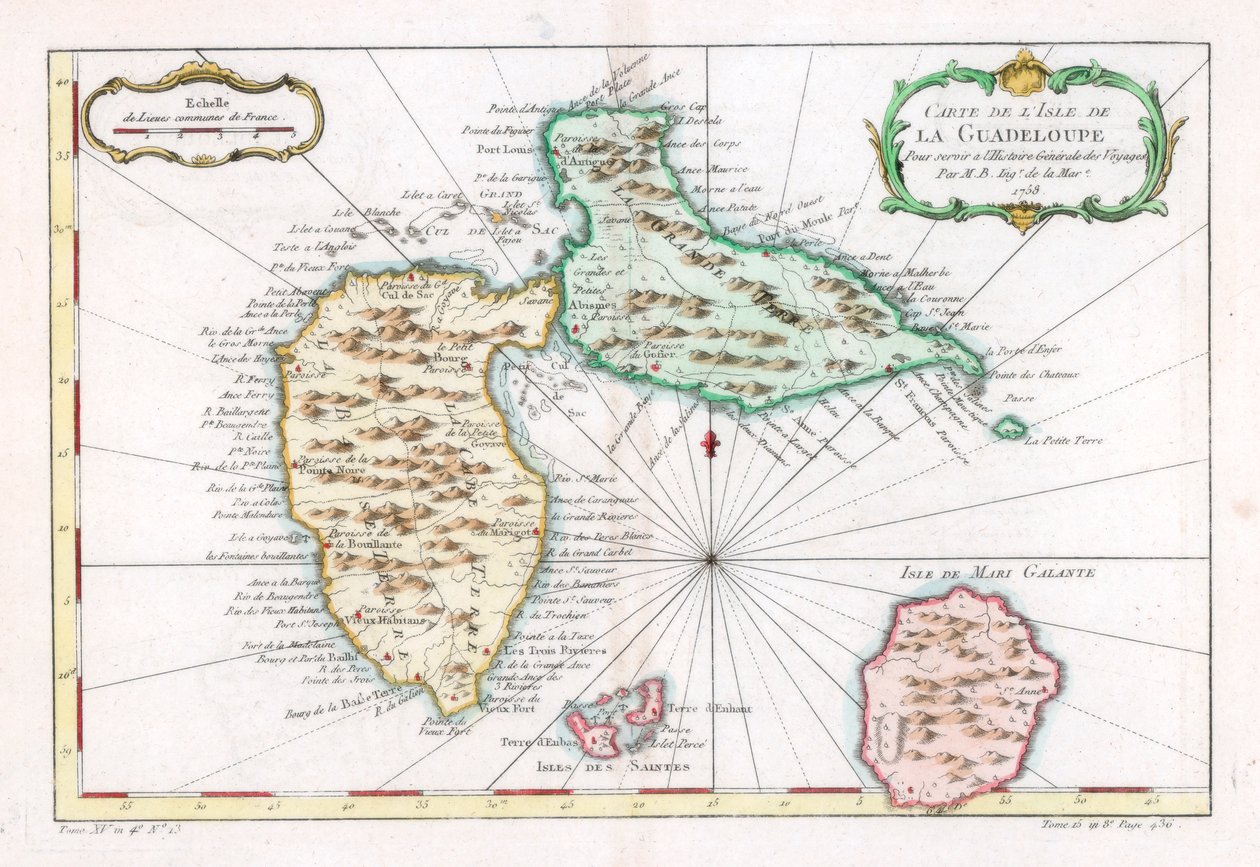 Karta över den karibiska ön Guadeloupe, c1764 av Unbekannt