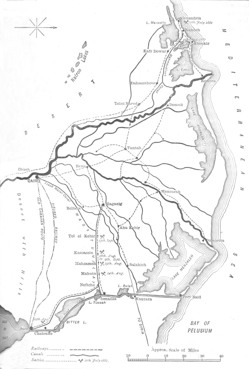Karta över Nilens delta, strategiska punkter i den egyptiska kampanjen, 1882, c1882-85 av Unbekannt