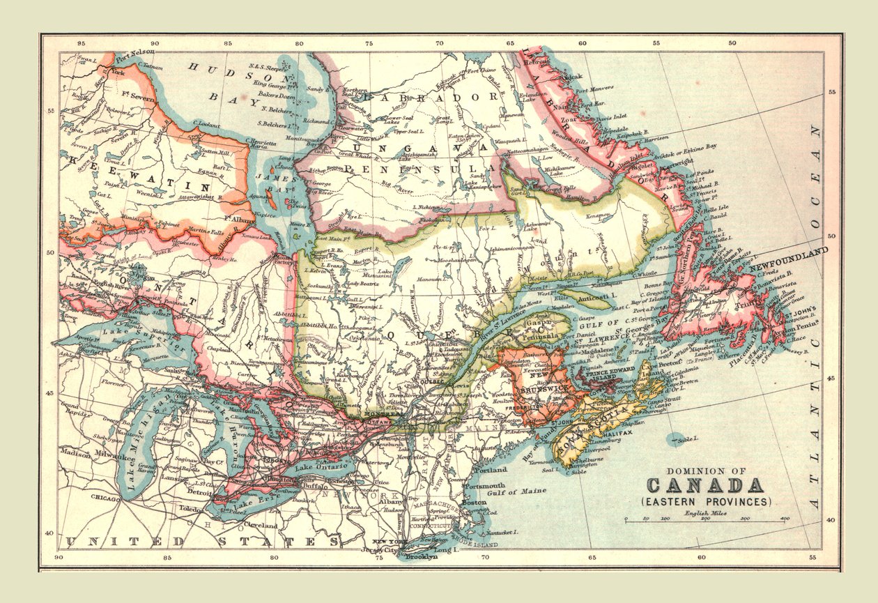 Karta över Dominion of Canada, Eastern Provinces, 1902. av Unbekannt