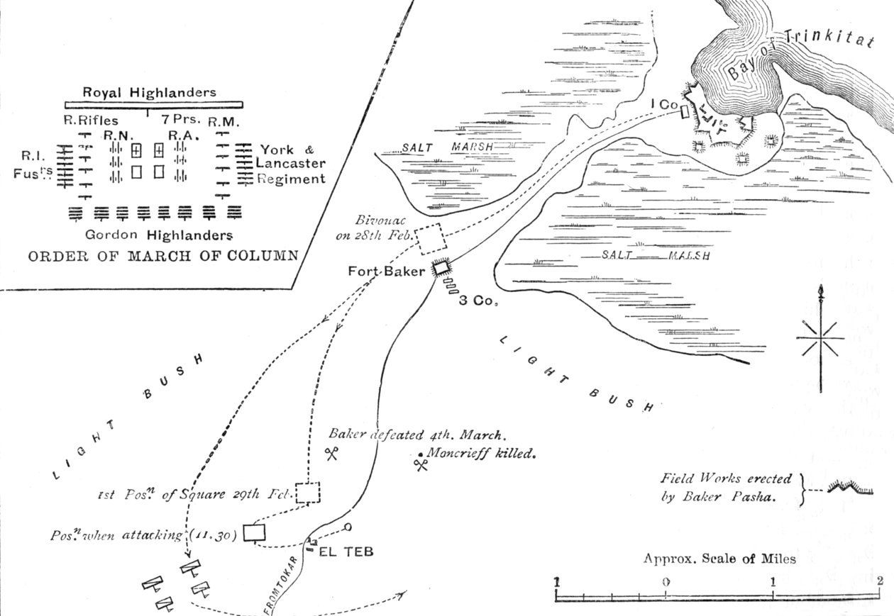 Karta över mars till El Teb, 28-29 februari 1884, c1881-85 av Unbekannt