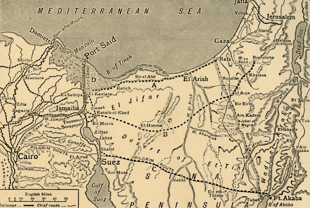 Karta över den turkiska attacken på Suezkanalen, Egypten, första världskriget, 1915, c1920. av Unbekannt