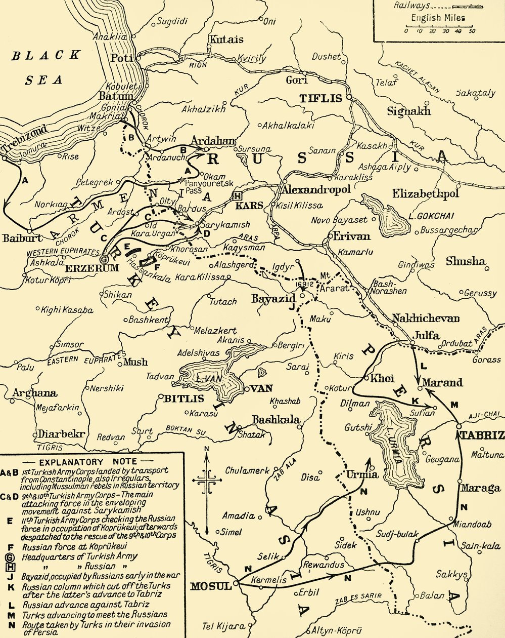 Karta över gränsen mellan Ryssland och Turkiet, första världskriget, c1920. av Unbekannt