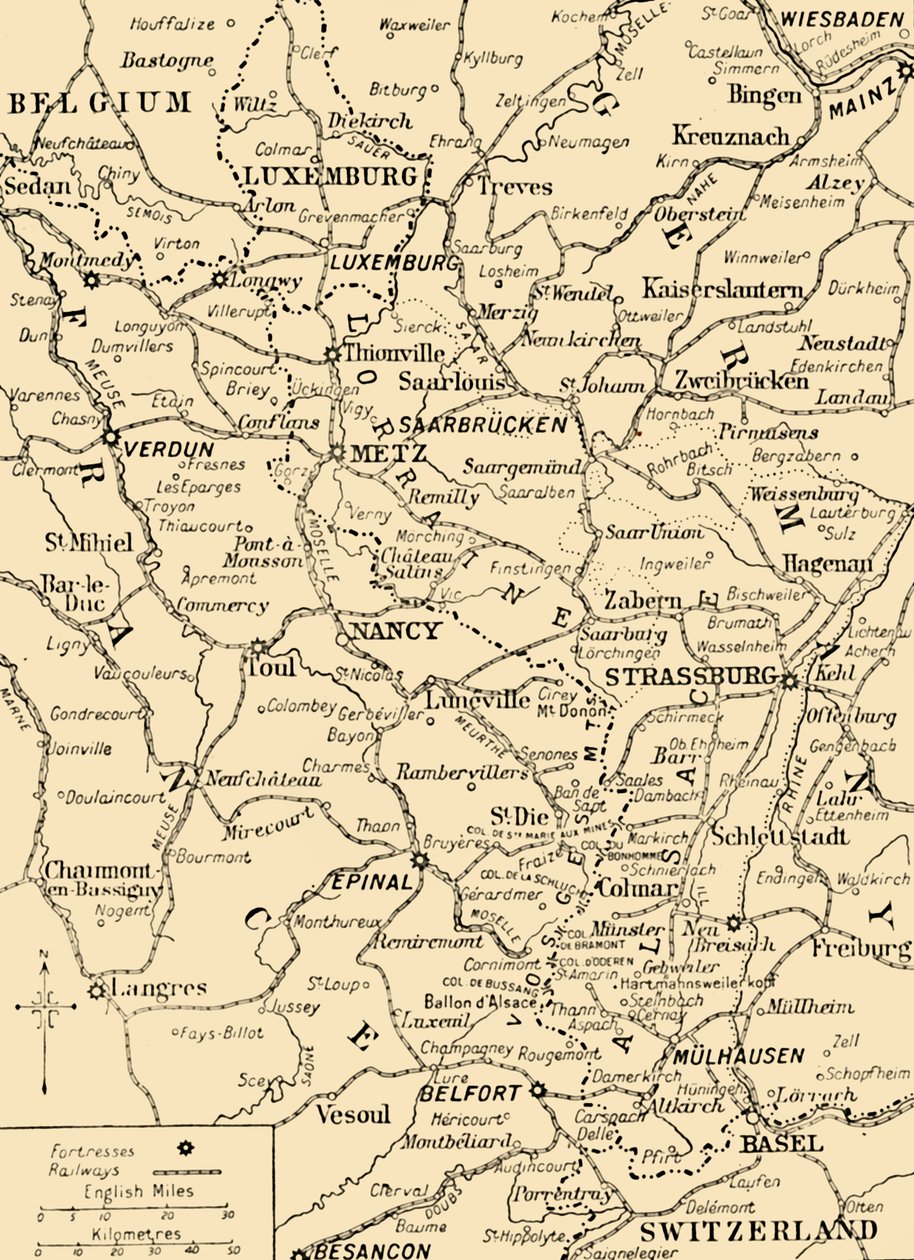 Karta som visar gränsen mellan Frankrike och Tyskland, första världskriget, c1915, c1920. av Unbekannt