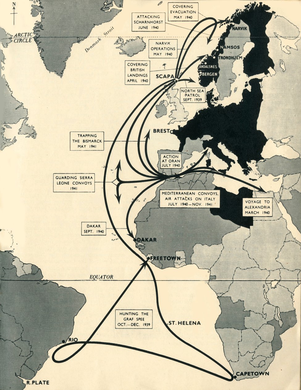 Karta som visar HMS Ark Royals rörelser, 1939-1941, 1942. av Unbekannt