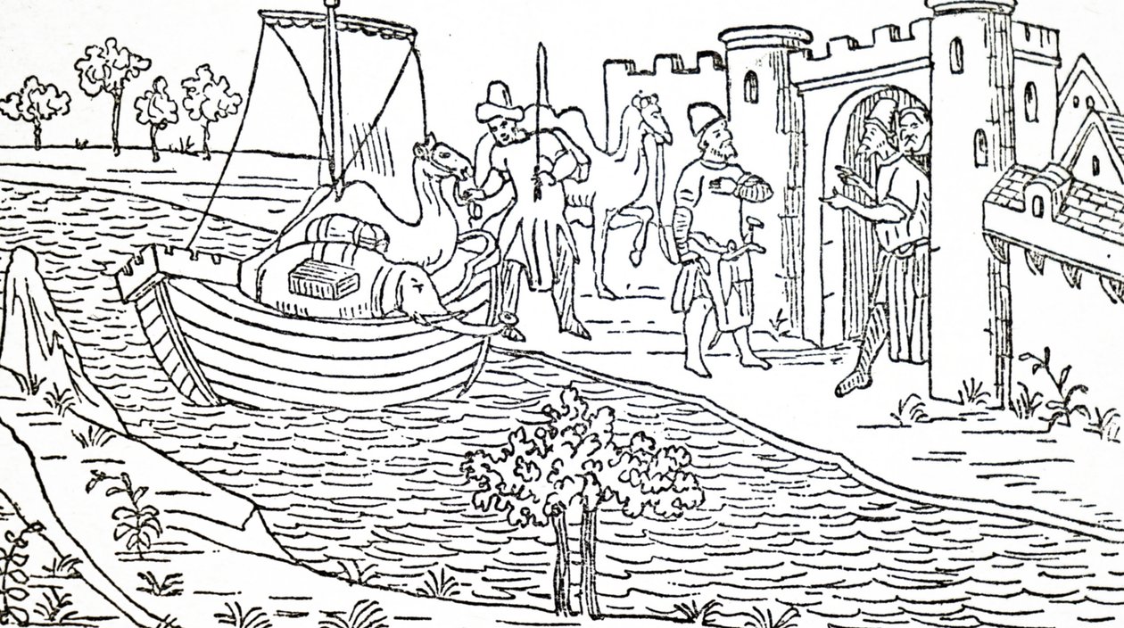 Marco Polo och hans farbröder anländer till Hormuz. av Unbekannt