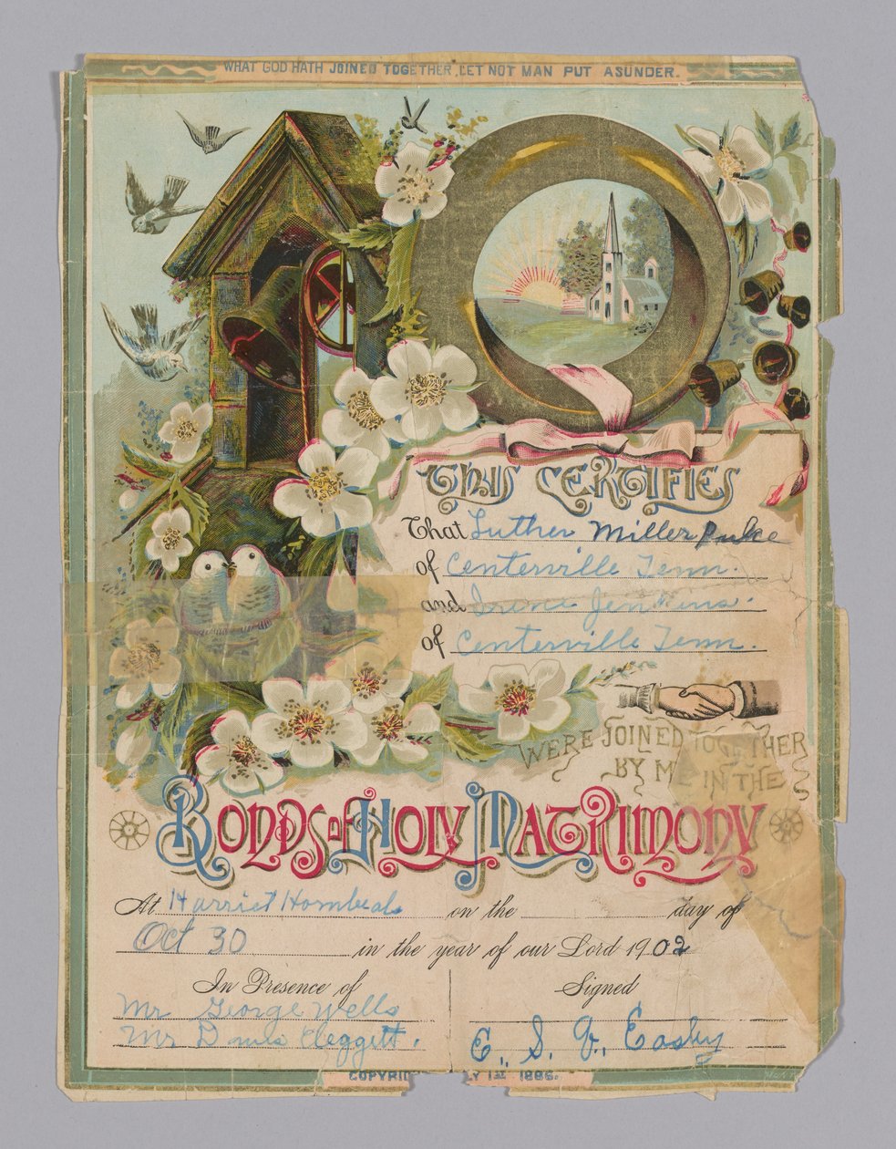 Vigselbevis för Luther Miller Pulce och Irene Jenkins, 30 oktober 1902. av Unbekannt
