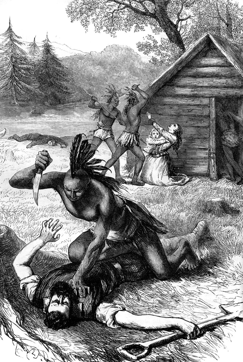 Massaker av nybyggare av indianer, c1600-talet c1880 av Unbekannt