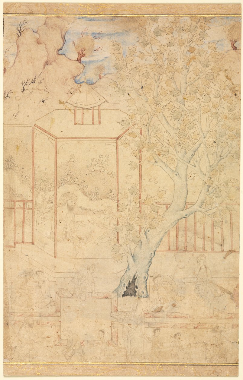 Mästare och lärjunge i en trädgårdspaviljong, illustration på en sida, ca. 1570-1590-talet. av Unbekannt