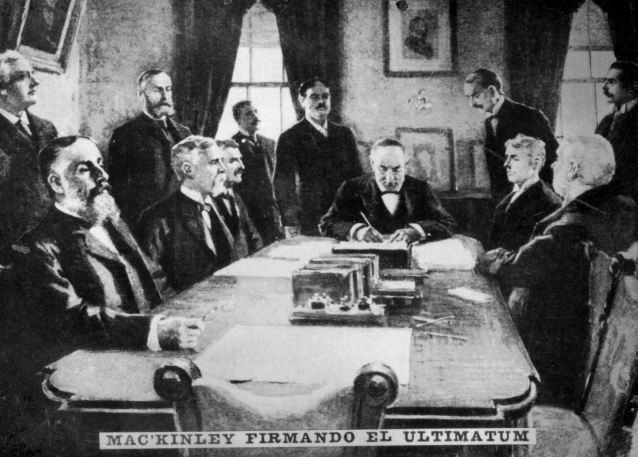 McKinley skriver under ultimatumet, 12 april 1898, c1910 av Unbekannt