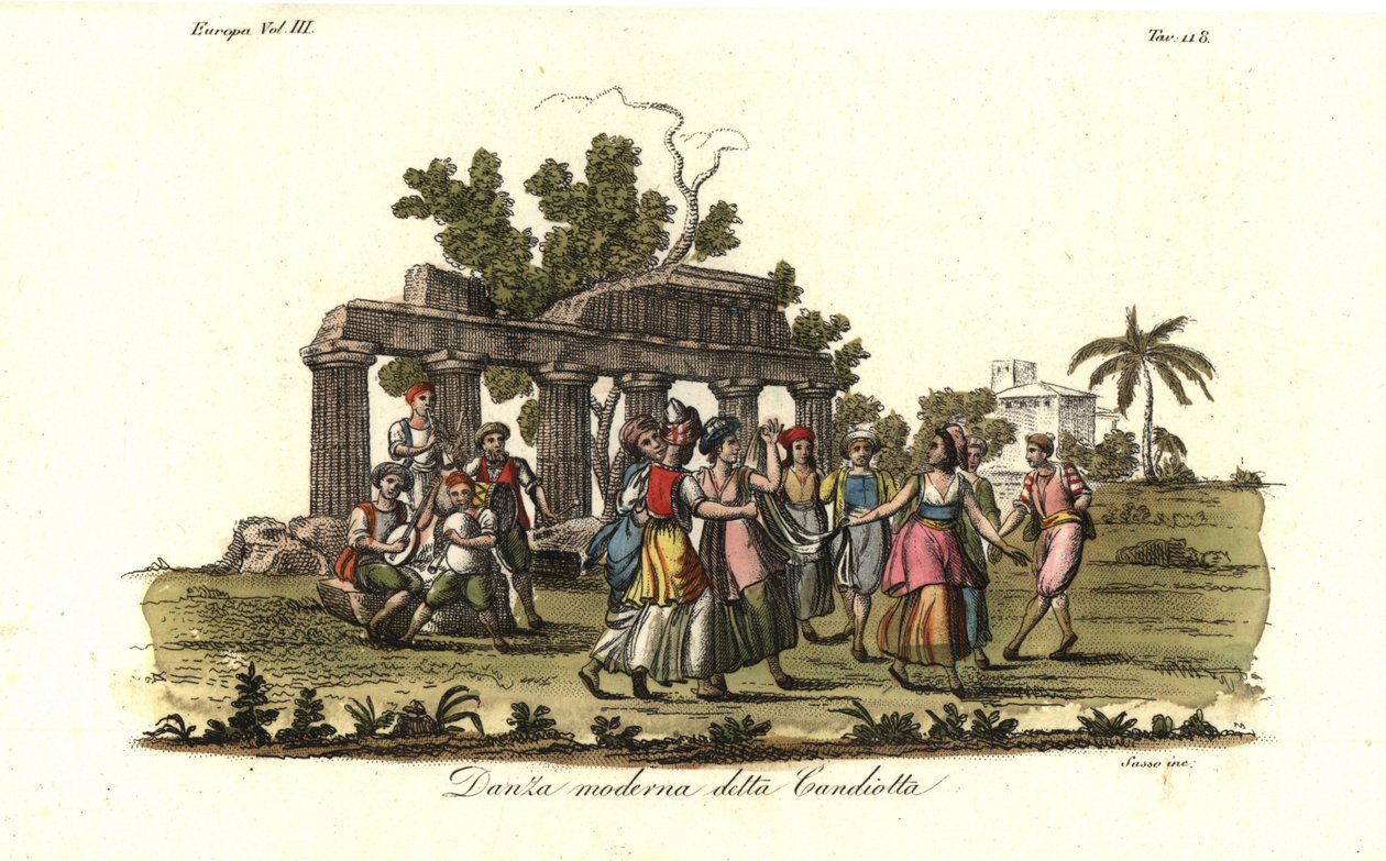 Män och kvinnor som dansar den moderna Candiota- eller Candiotta-dansen, populär på ön Kreta på 1700-talet av Unbekannt