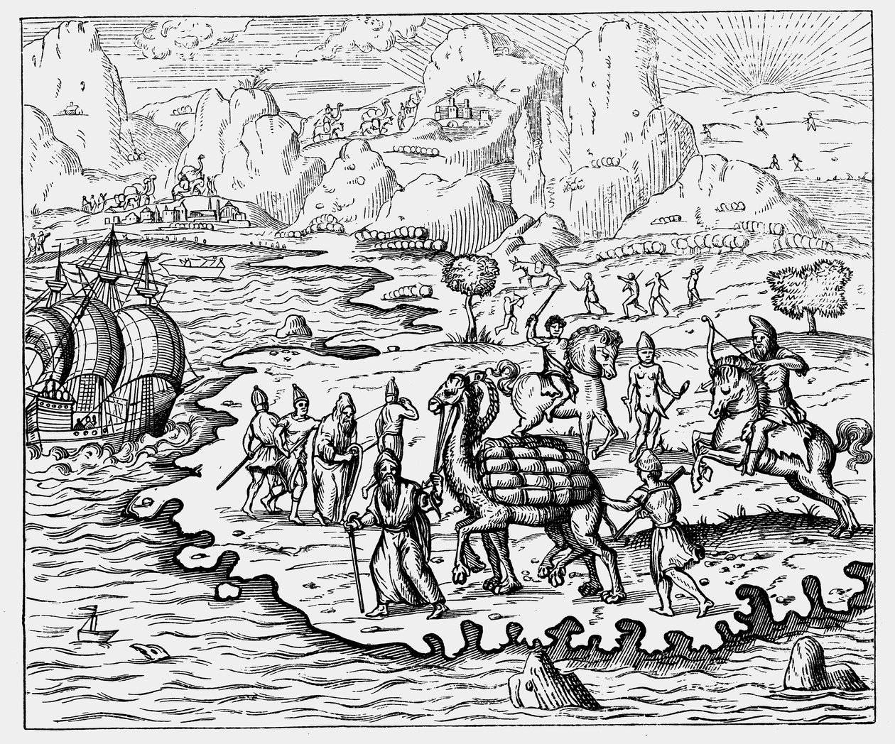 Köpmän som transporterar varor till kusten och ett väntande fartyg med kamel, 1575 av Unbekannt