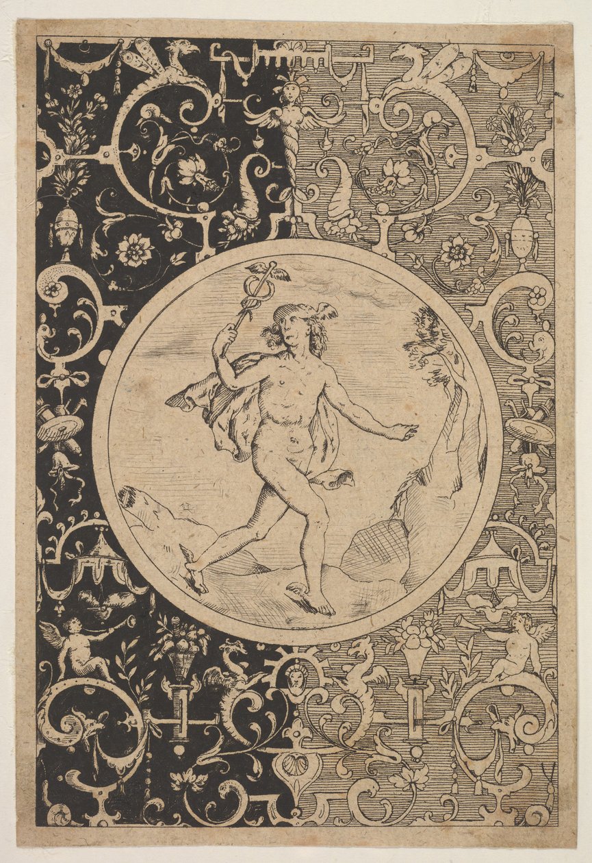 Kvicksilver i en dekorativ ram med grotesker, ca. 1600-1630. av Unbekannt