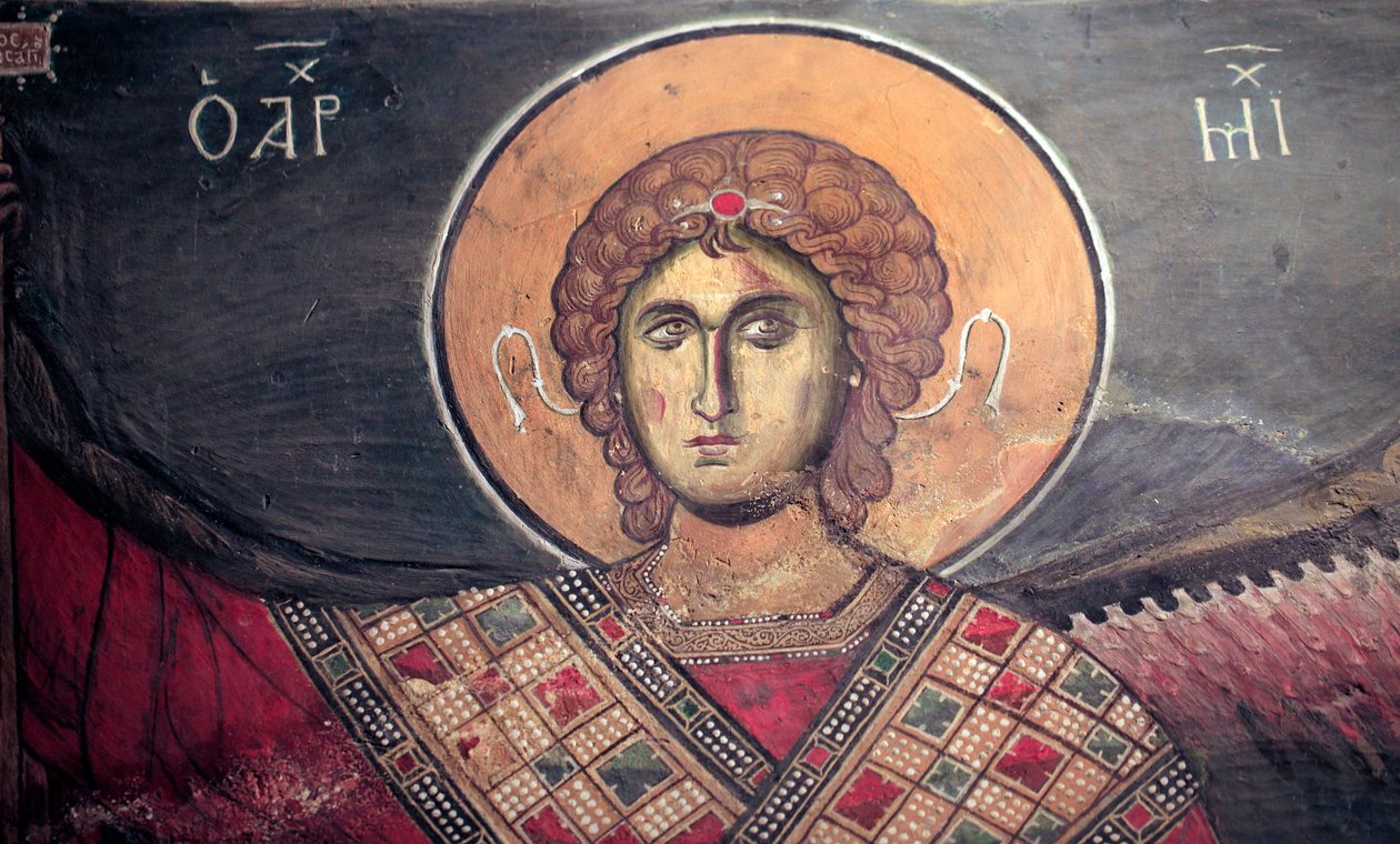 Mickael ärkeängel bysantinsk fresk från Panagia tou Arakos kyrka 1100-talet Cypern Målade kyrkor UNESCO-plats Troodos, Cypern av Unbekannt