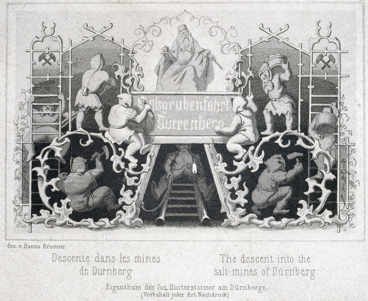 Saltgruva: Nedstigningen till saltgruvorna i Durrnberg, Österrike, cirka 1850 av Unbekannt