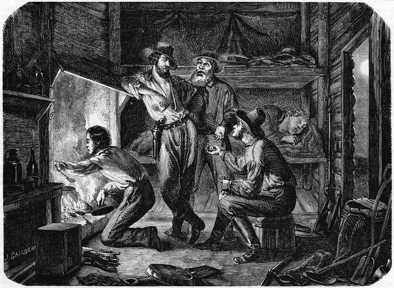 Gruvarbetare i de kaliforniska guldfälten kopplar av i sin timmerstuga på natten, 1853 av Unbekannt