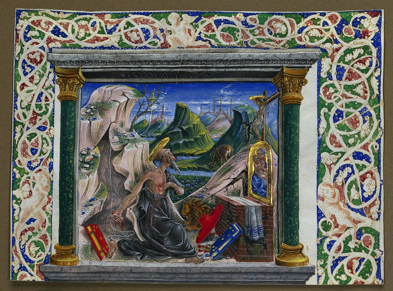 Miniatyr utskuren från ett manuskript: St. Hieronymus i vildmarken, ca. 1500. av Unbekannt