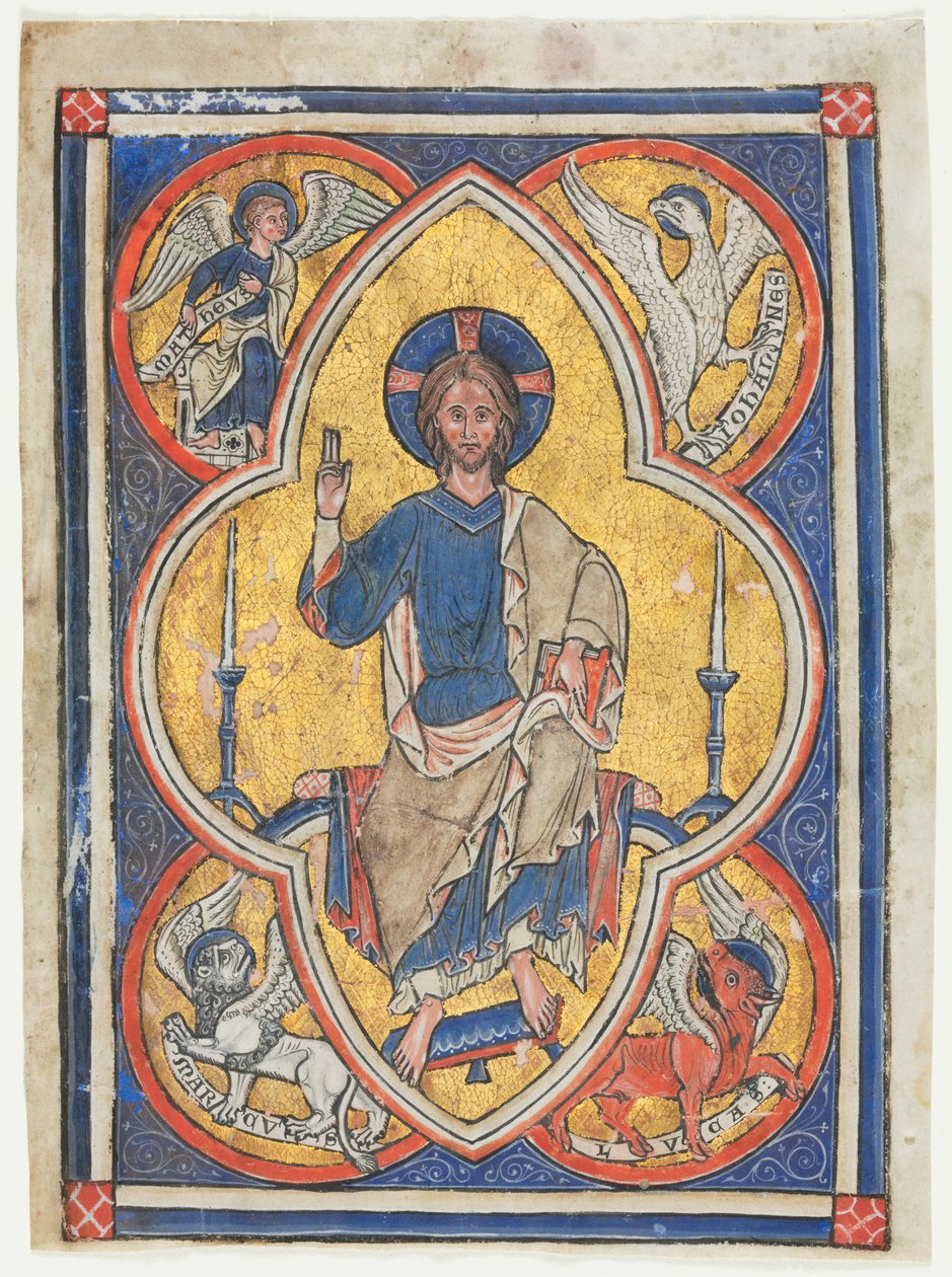 Miniatyr utskuren från en psalter: Kristus i majestät med symboler för de fyra evangelisterna, ca. 1235. av Unbekannt