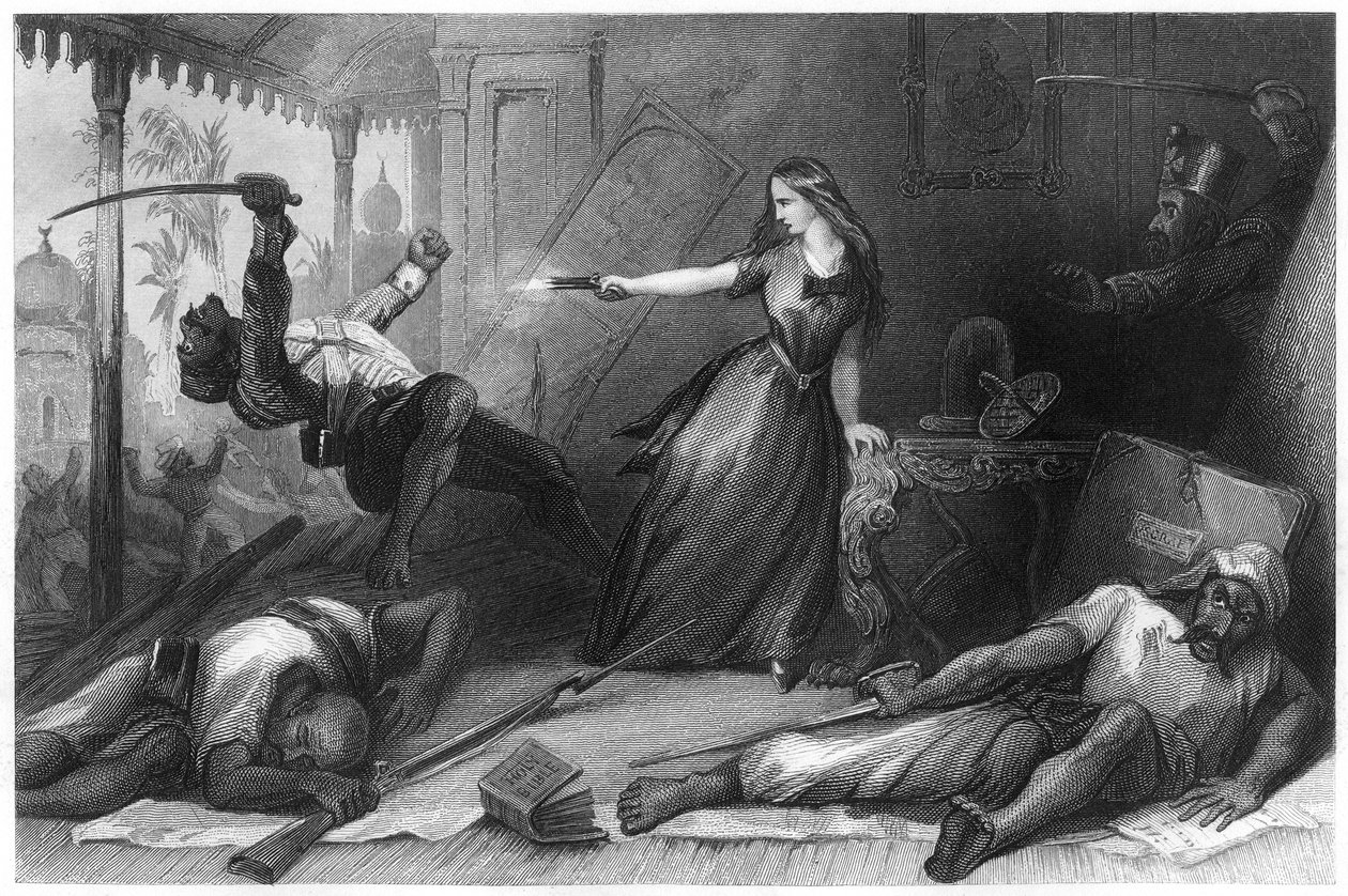 Miss Wheeler försvarar sig mot Sepoys vid Cawnpore, 1857, c1860 av Unbekannt