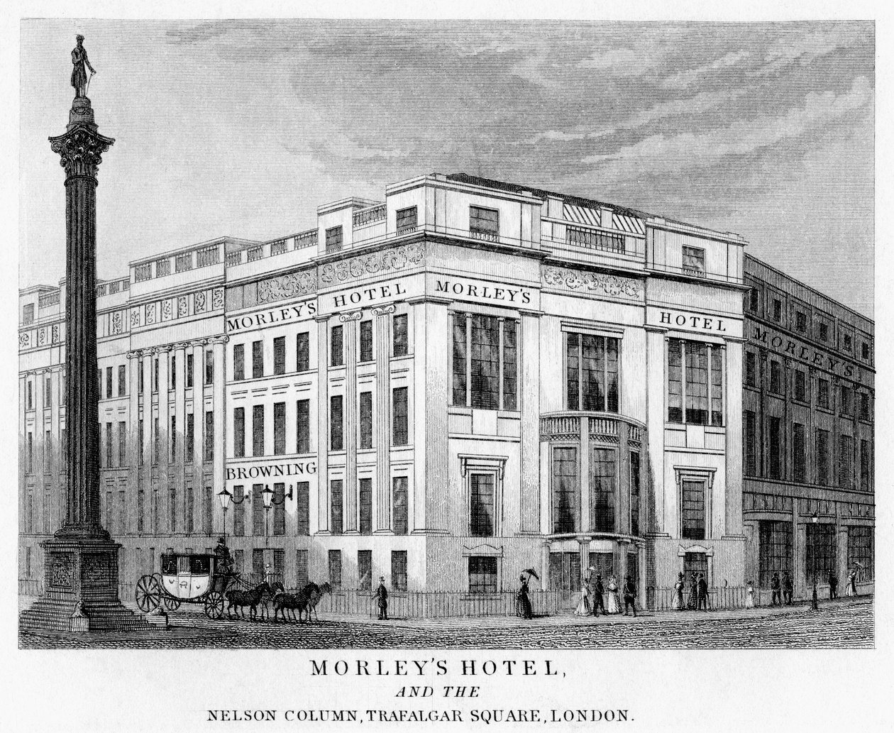 Morleys Hotel and Nelsons Column, Trafalgar Square, Westminster, London, 1800-talet av Unbekannt