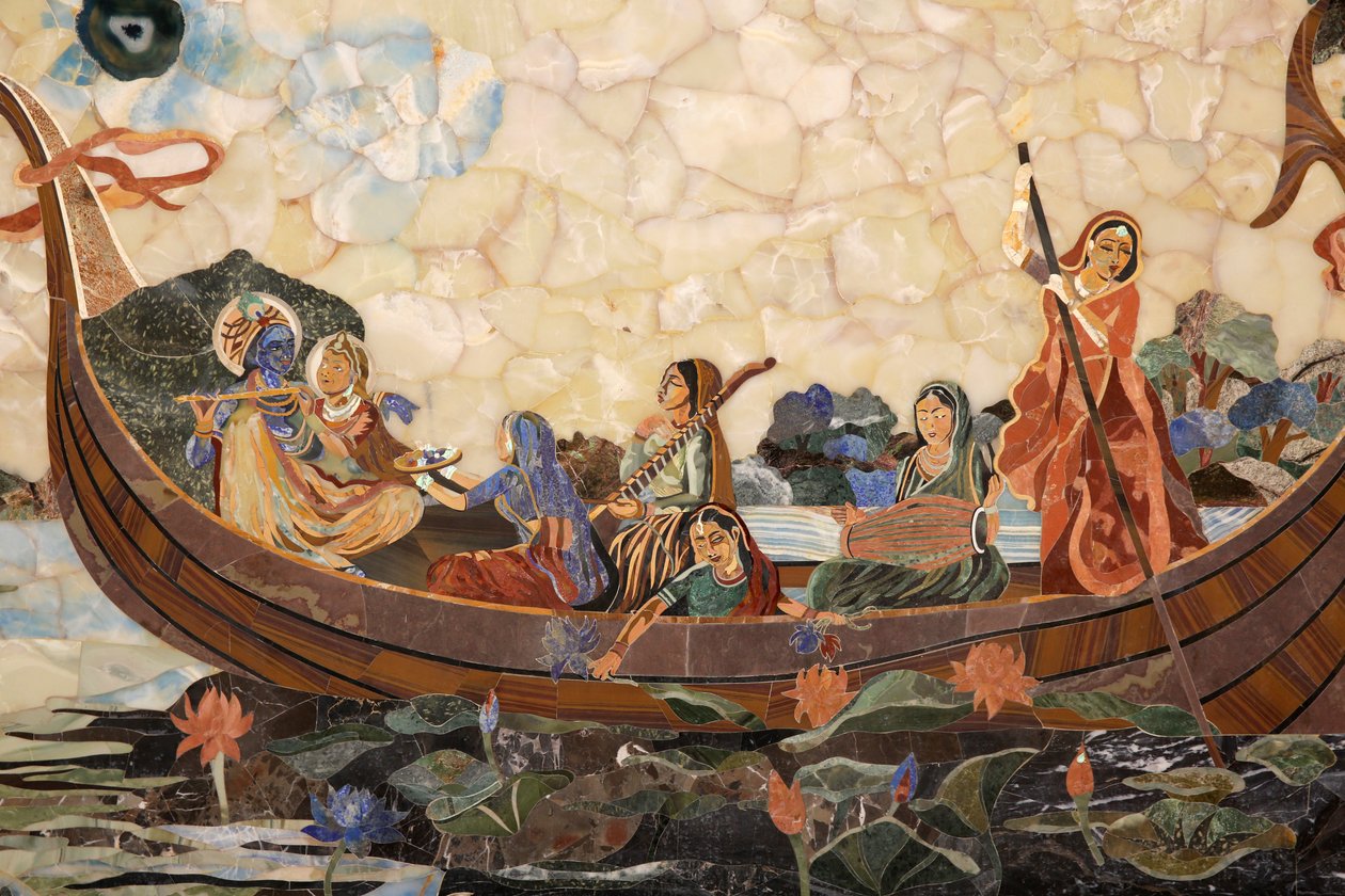 Mosaik som visar den hinduiska guden Krishna med gopis i en båt. Indien av Unbekannt
