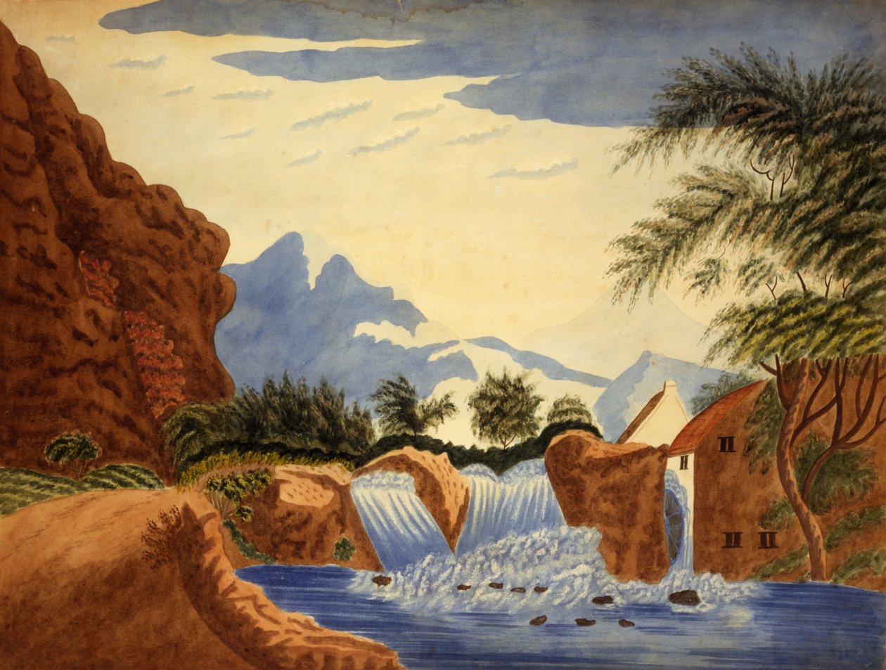 Bergsscen och vattenhjul, ca. 1820-1870. av Unbekannt