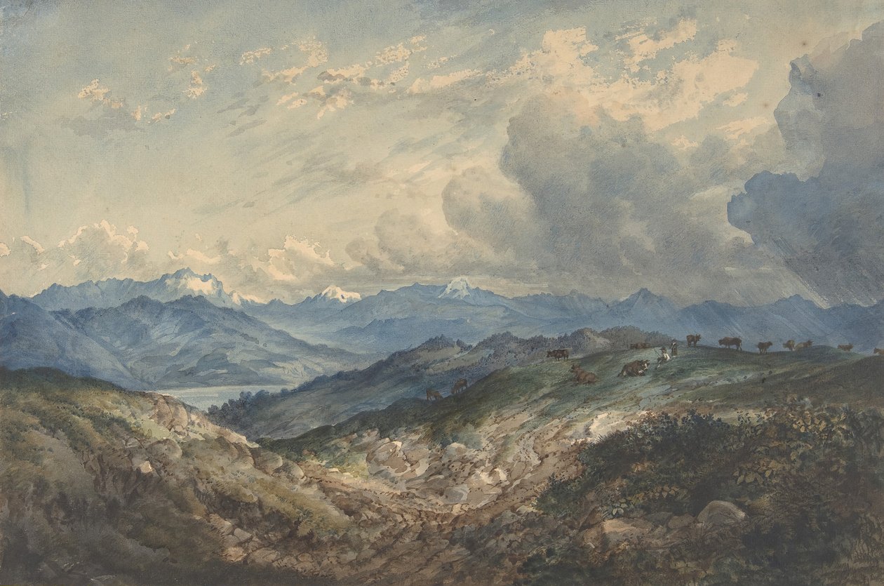 Bergigt landskap med annalkande åskväder, 1800-talet. av Unbekannt
