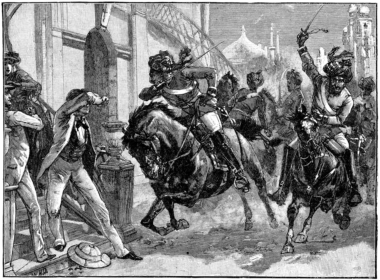 Beridna rebelliska Sepoys laddar genom gatorna i Delhi, Indian Mytery, maj 1857 c1895 av Unbekannt