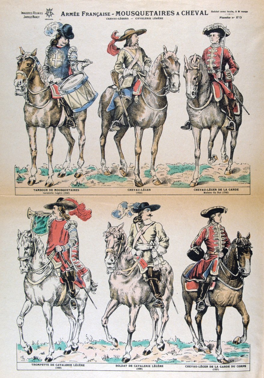 Mousquetaires ett Cheval 1600-tal. Franska arméuniformer. Färglitografi. Privat samling av Unbekannt