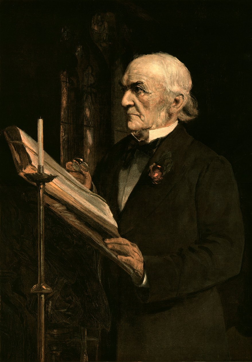 Mr Gladstone läser lektionen i Hawarden Church, ca 1890-talet av Unbekannt