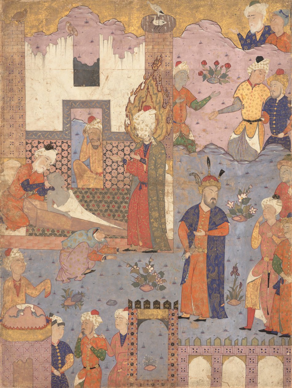 Muhammad återupplivar den sjuke pojken, folio från en Falnama-bok om omens från Ja