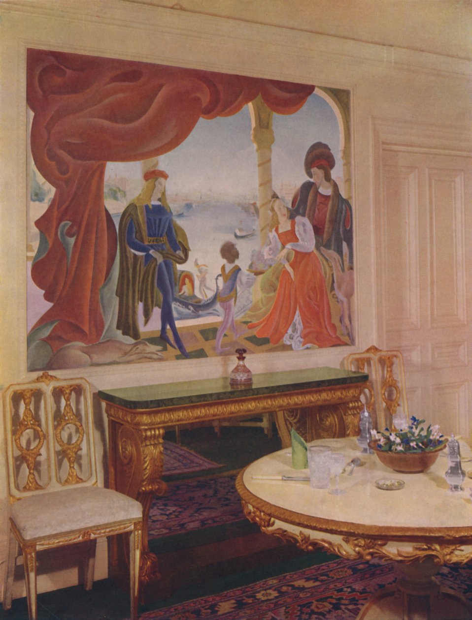 Väggmålning av Beatrice MacDermott, föreställande en venetiansk scen, och inramad i en av matsalsrutan av Unbekannt