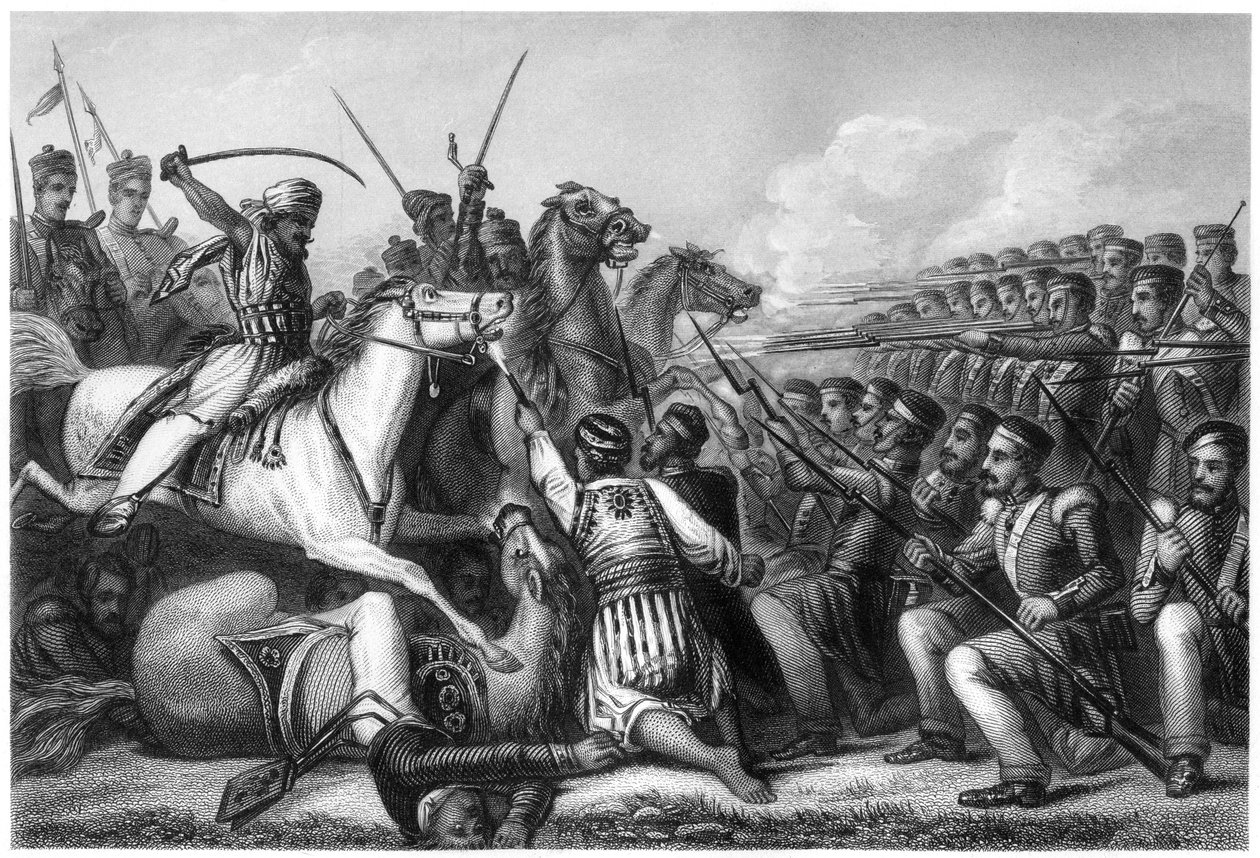 Myterierkavalleri anfaller ett infanteritorg i slaget vid Cawnpore, 1857, c1860 av Unbekannt