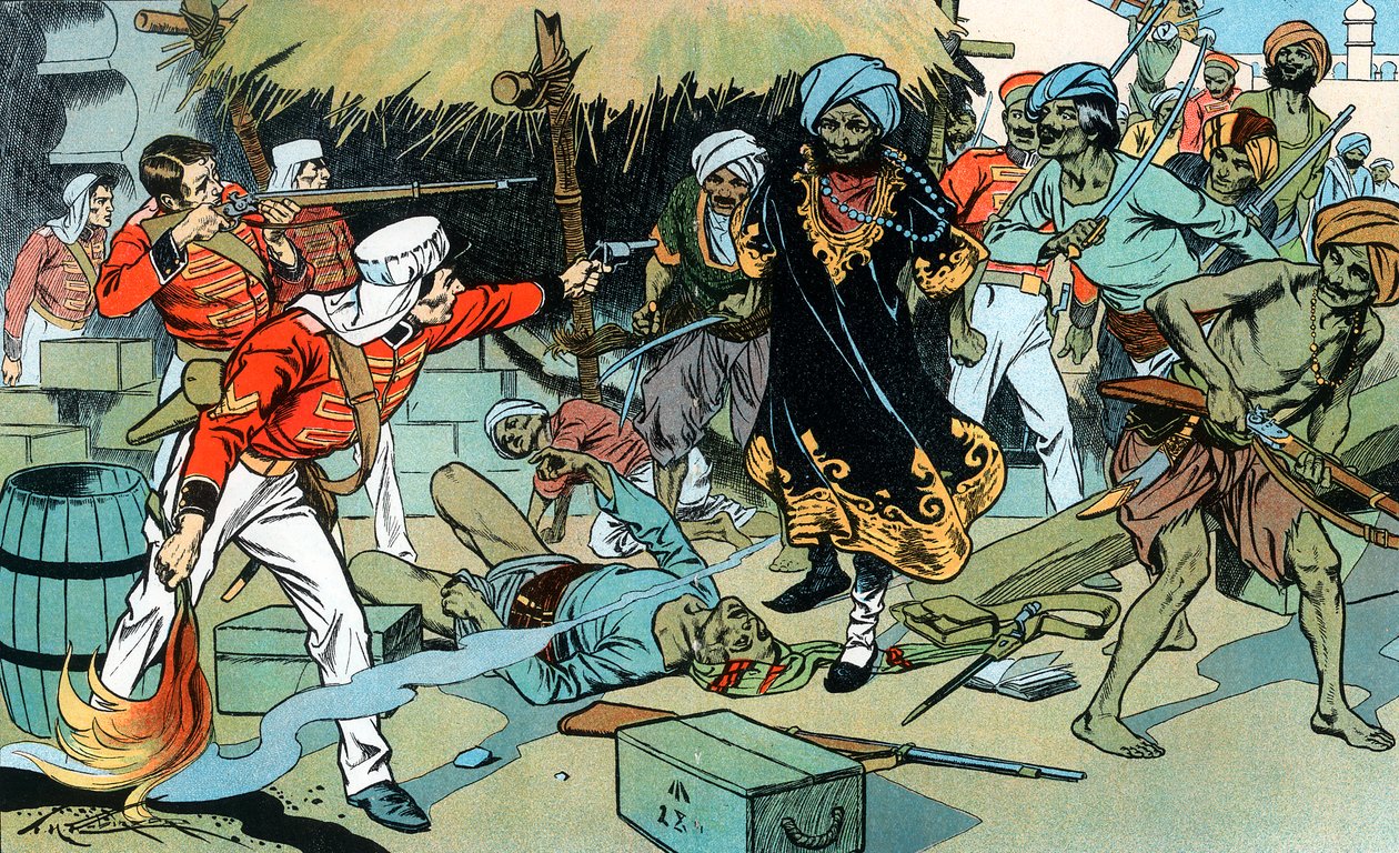 Myterister attackerar tidningen i Delhi, Indian Mytery, 11 maj 1857 c1900 av Unbekannt