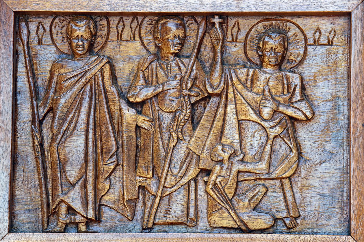 Namugongo katolska martyrs helgedom, Kampala. Kyrkdörrsrelief, 20160217, Kampala, Uganda av Unbekannt