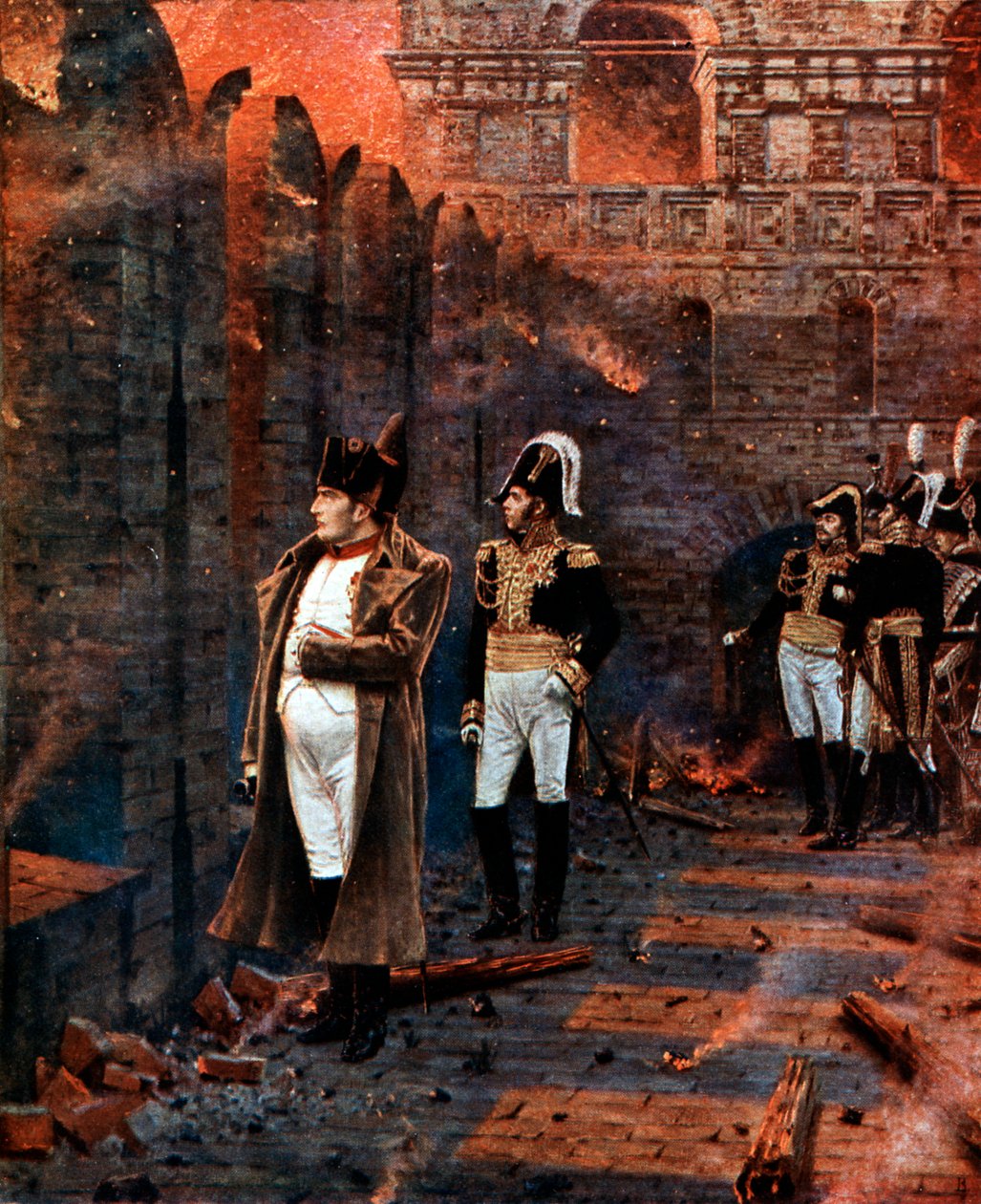Napoleon och hans personal tittar på bränningen av Moskva, 1812, sent 1800-tal av Unbekannt