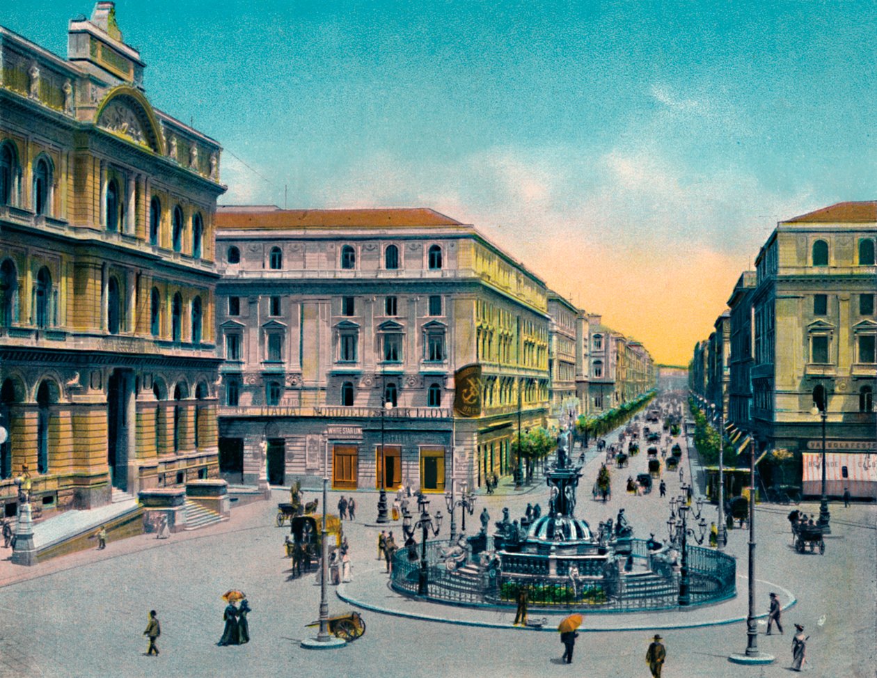 Neapel - Piazza Borsa Con Fountan Medina, Neptunus fontän, c1900. av Unbekannt