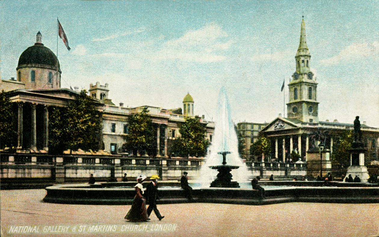 National Gallery & St Martins Church London, sent 1800-tidigt 1900-tal. av Unbekannt