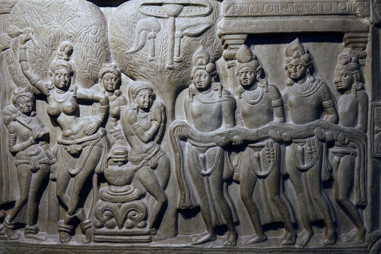 Indiens nationalmuseum, Delhi. Buddhas livsscener. Ikshvaku, 3:e århundradet A.D. Nagarjunakonda, Andhra Pradesh. Gråaktig kalksten. Detalj. Indien. av Unbekannt
