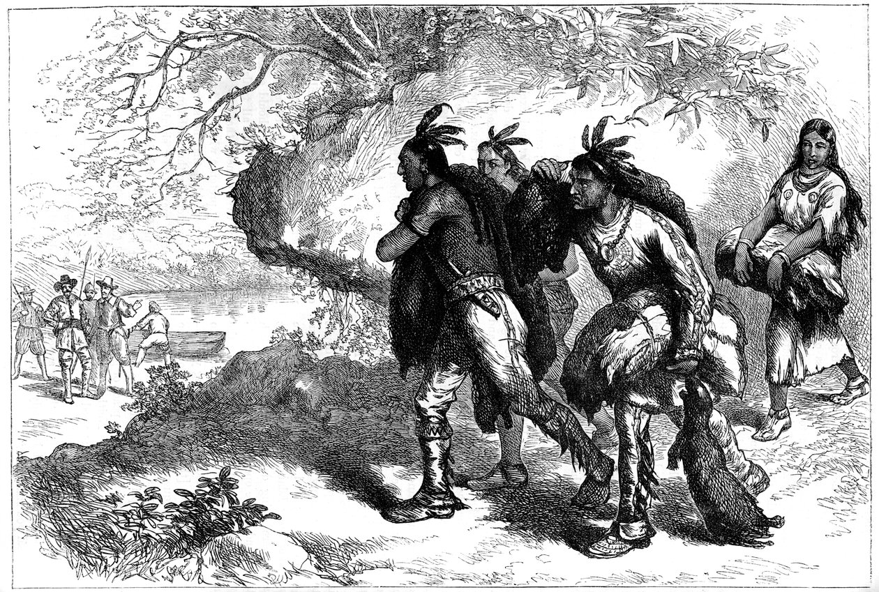 Indianer som ger bäverskin till europeiska handlare, 1600-talet c1880 av Unbekannt