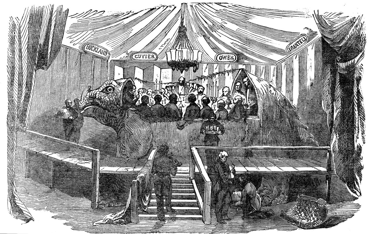 Naturforskare som äter i en modell av en dinosaurie, Crystal Palace, Sydenham, nyårsafton, 1853 av Unbekannt