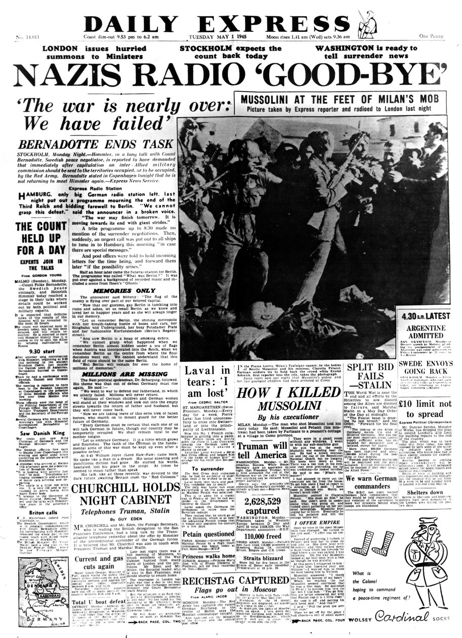 Nazis Radio Good-bye, förstasidan av Daily Express, 1 maj 1945 av Unbekannt